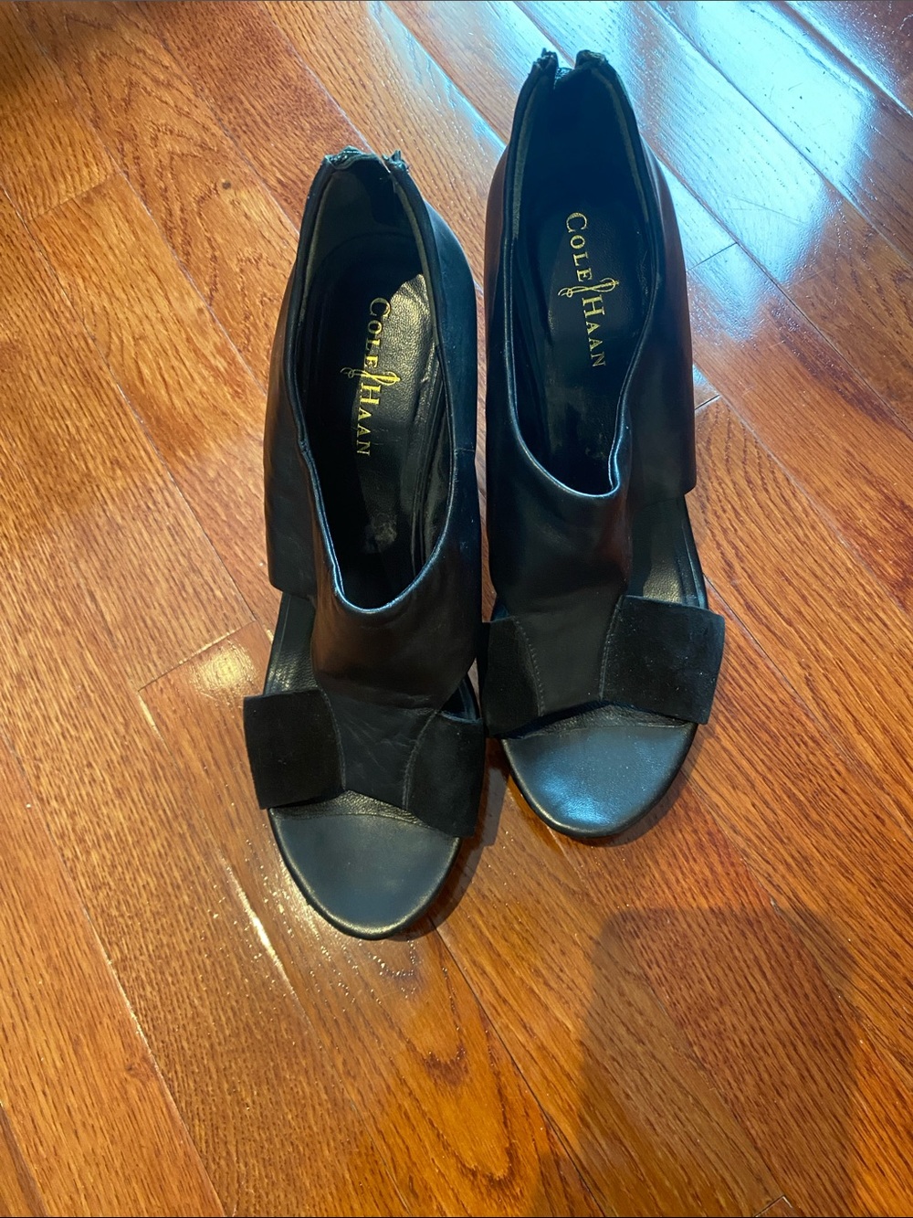Cole Haan Black Peep-Toe Bow Wedge Heels